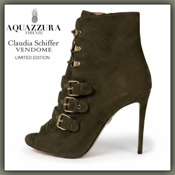Aquazzura x Claudia Schiffer Vendome Buckled Suede Ankle Boots Size 8.5